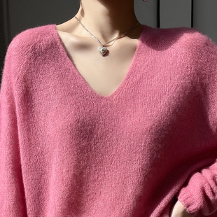 25爆款 慵懒V领桑蚕丝山羊绒衫女宽松薄款毛衣打底衫粉色套头上衣