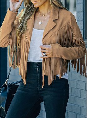 Casual lapel tassel short jacket    休闲翻领流苏短款长袖外套