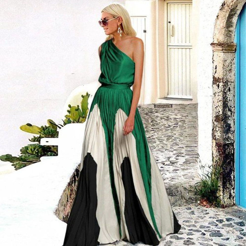 Spliced diagonal shoulder print dress 宽松拼接斜肩印花连衣裙 - 实物图
