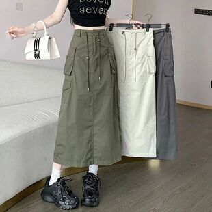 Retro high-waist slit overalls skirt  复古高腰开衩工装半身裙