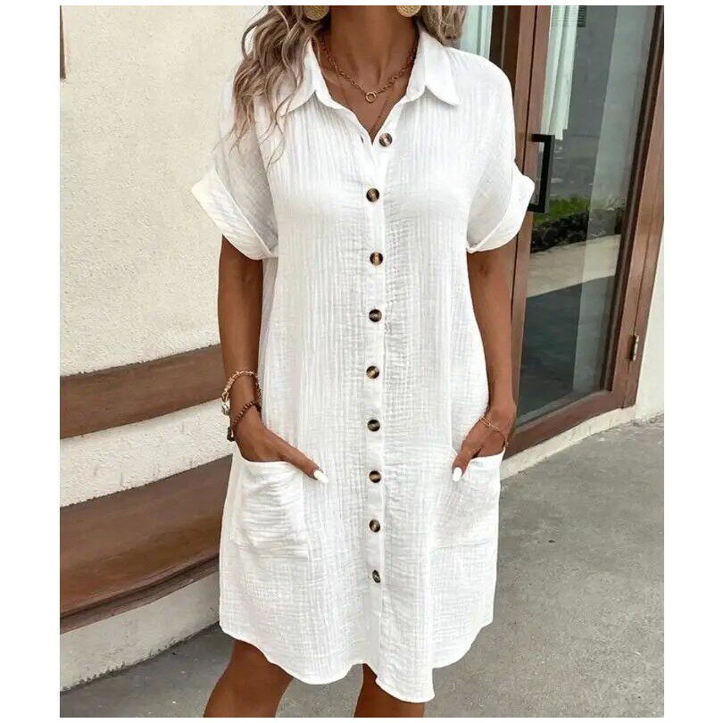 休闲单排扣中长款短袖Casual solid color single breasted dress
