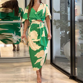 print high Simple waist lace dress 简约印花高腰系带连衣裙