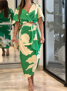 Simple print high-waist lace-up dress 简约印花高腰系带连衣裙