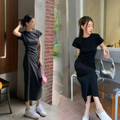 欧美风收腰圆领长款连衣jumpsui