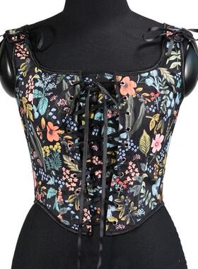 Vintage print lace-up tank top      复古印花系带无袖背心上衣