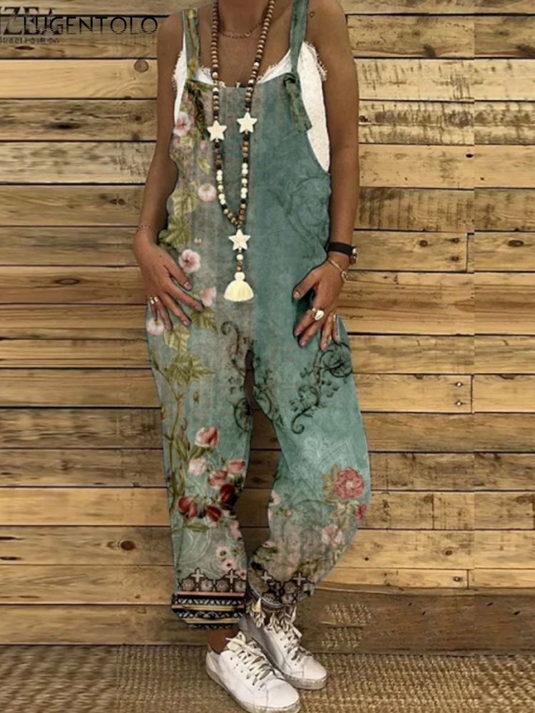 Vintage print jumpsuit with a back strap复古背带印花连体长裤