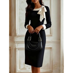 Ladies' elegant contrasting bow dress 优雅撞色蝴蝶结连衣裙女