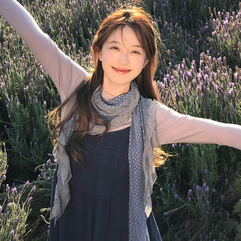 藤井树同款古早灰蓝色波点丝巾女