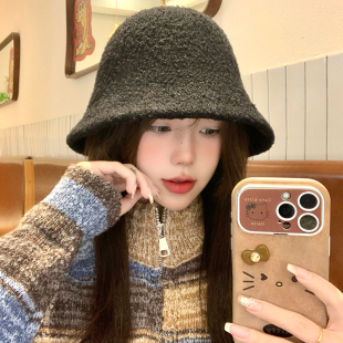 高级感羊羔毛渔夫帽子女款2024新款秋冬时尚大头圆脸保暖毛绒盆帽