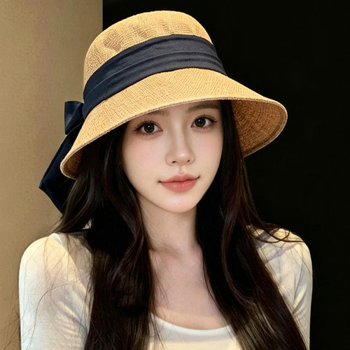 夏季亚麻透气蝴蝶结渔夫帽女防晒
