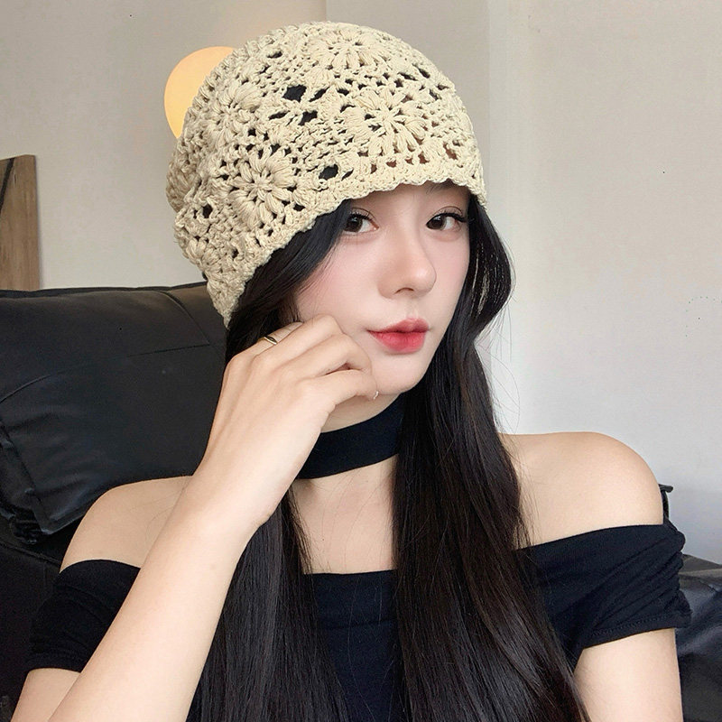 手工勾花镂空针织帽女夏季薄款大头围包头冷帽素颜堆堆帽子显脸小