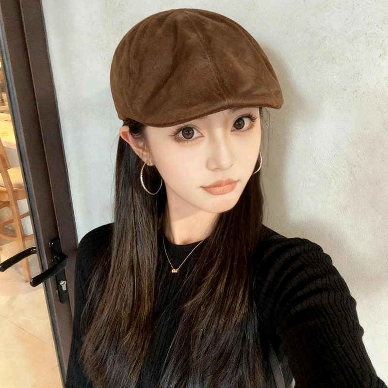 复古麂皮绒前进帽女反戴贝雷帽