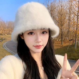 高级感真兔毛帽子女2026新款冬大头围毛绒渔夫帽时尚洋气保暖盆帽