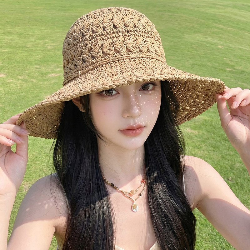 度假风镂空草帽女夏季大帽檐防晒遮阳帽海边沙滩草编渔夫帽凉帽子