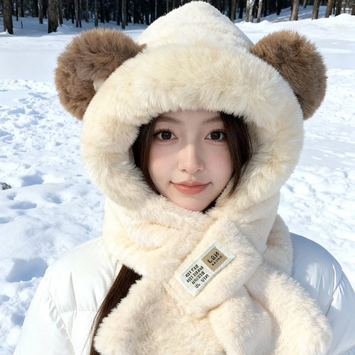 可爱小熊耳朵毛绒帽子围巾一体女