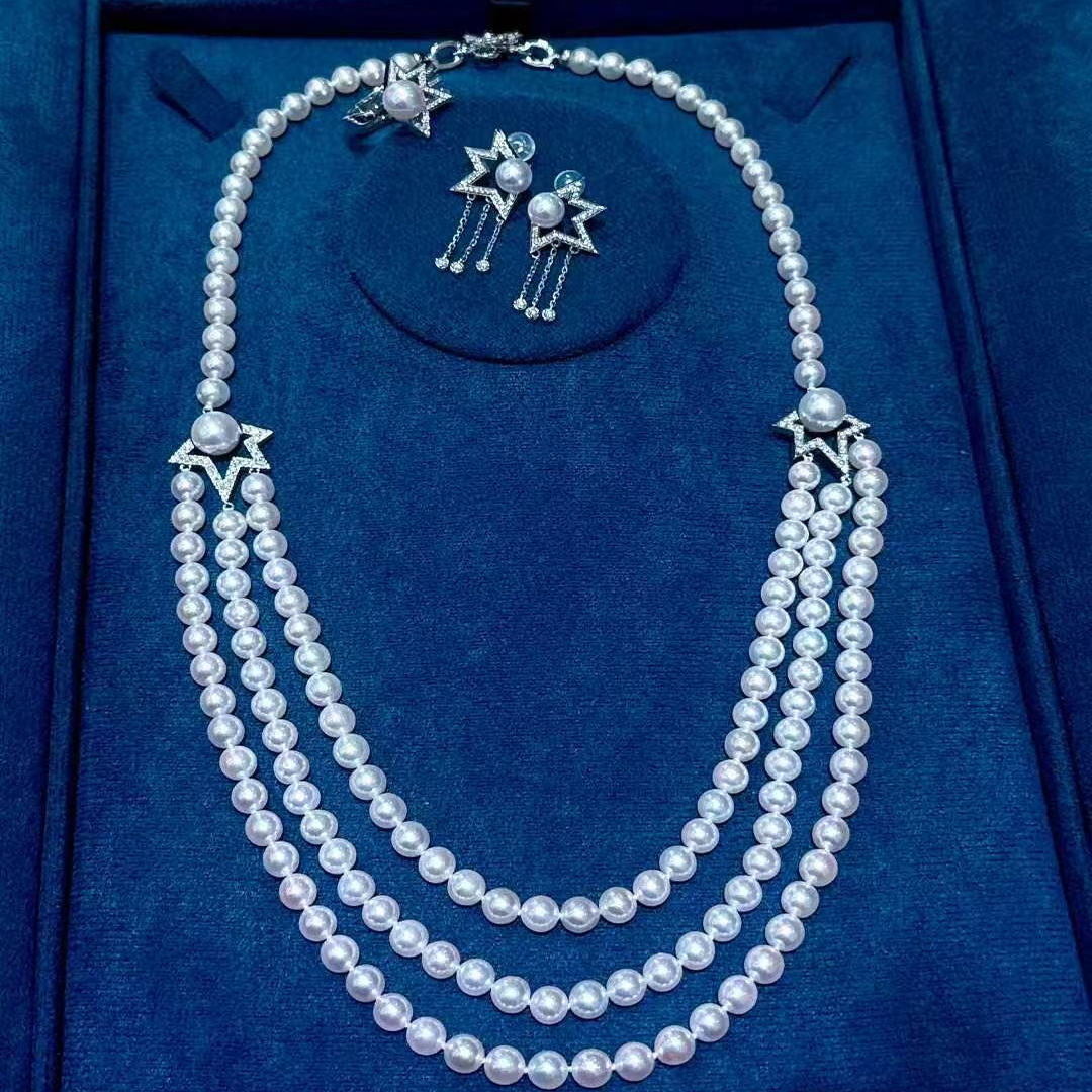 18K白金镶嵌以一颗Akoya珍珠象征彗星三层项链5.5-6mm正圆极强光