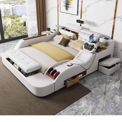榻榻米床按摩 真皮床现代简约主卧双人床1.8米多功能婚床储物软床