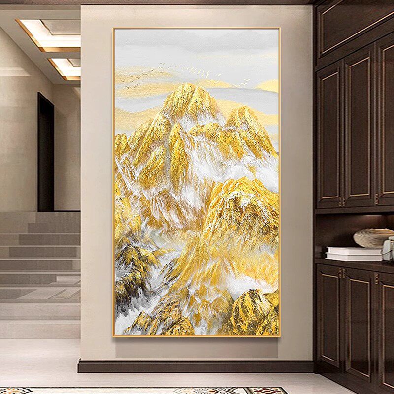手绘油画背靠金山入户玄关装饰画现代轻奢走廊过道背景墙大幅挂画
