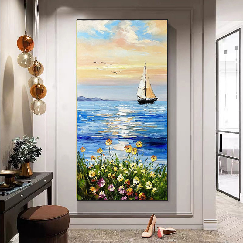 玄关装饰画手绘海景油画过道走廊风景壁画大气现代简约一帆风顺