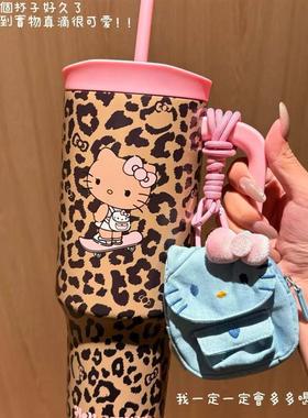 HelloKitty水杯豹纹大容量不锈钢女大学生美拉德车载保温吸管杯
