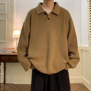 秋冬季 上衣外套 翻领毛衣男宽松潮流港风百搭长袖 纯色翻领针织衫