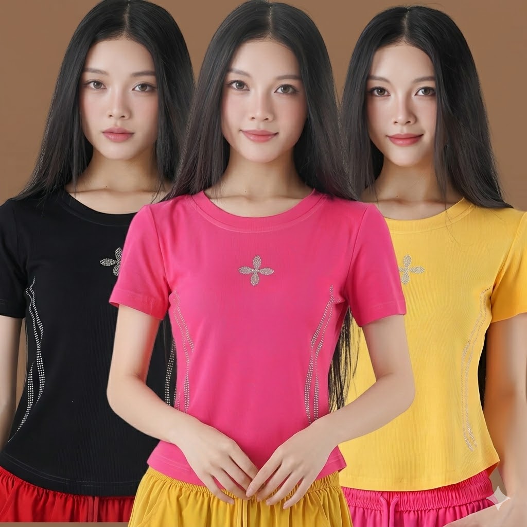 中老年广场舞服装短袖上衣四叶草烫钻修身弹力健身操百搭跳舞 T