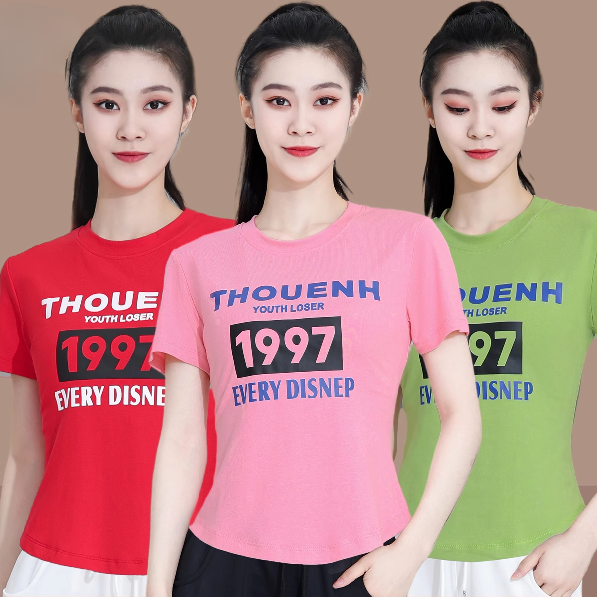 广场舞服装时尚字母圆领健身操团体杨丽萍鬼步舞跳舞上衣大码棉女