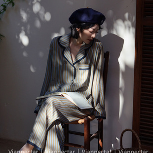 viannectar女士春季棉质条纹衬衫领睡衣套装高级感家居服