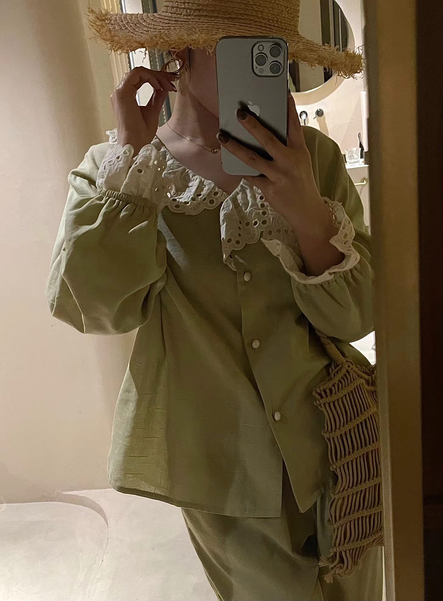 维安花密古风新中式国风睡衣女高端气质绿色盘扣高级感家居服套装