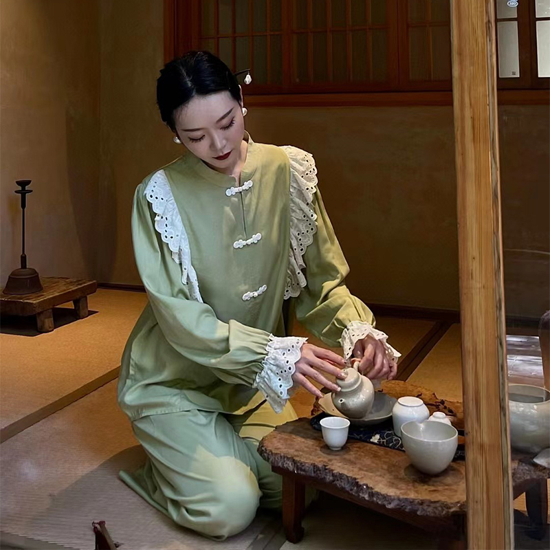 家居服套装绿色气质睡衣维安花密