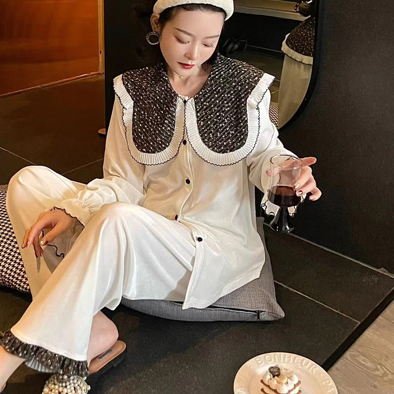 维安花密特色法式娃娃领睡衣女2024秋冬款金丝绒个性高级感家居服