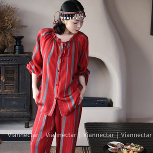 维安花密复古条纹风纯棉睡衣女长袖两件套宽松舒适家居服可外穿