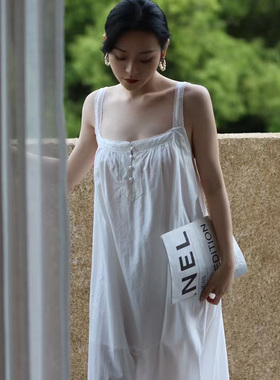 维安花密白色女士吊带裙性感睡衣女纯棉睡裙夏季家居遮肉亲肤透气