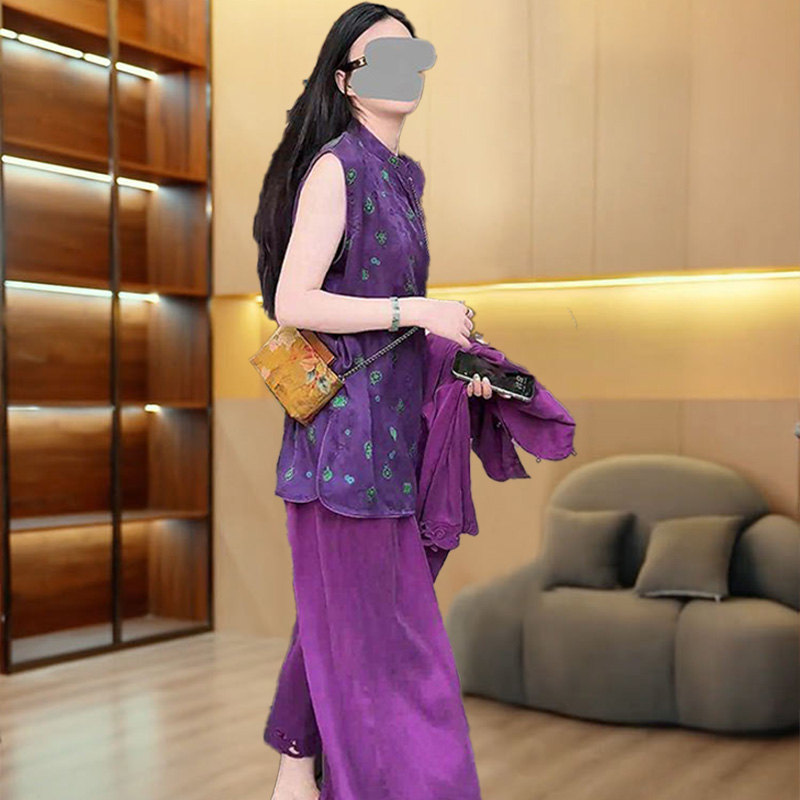 2025新款夏日绝美套装新中式国风盘扣印花马甲上衣阔腿裤两件套女