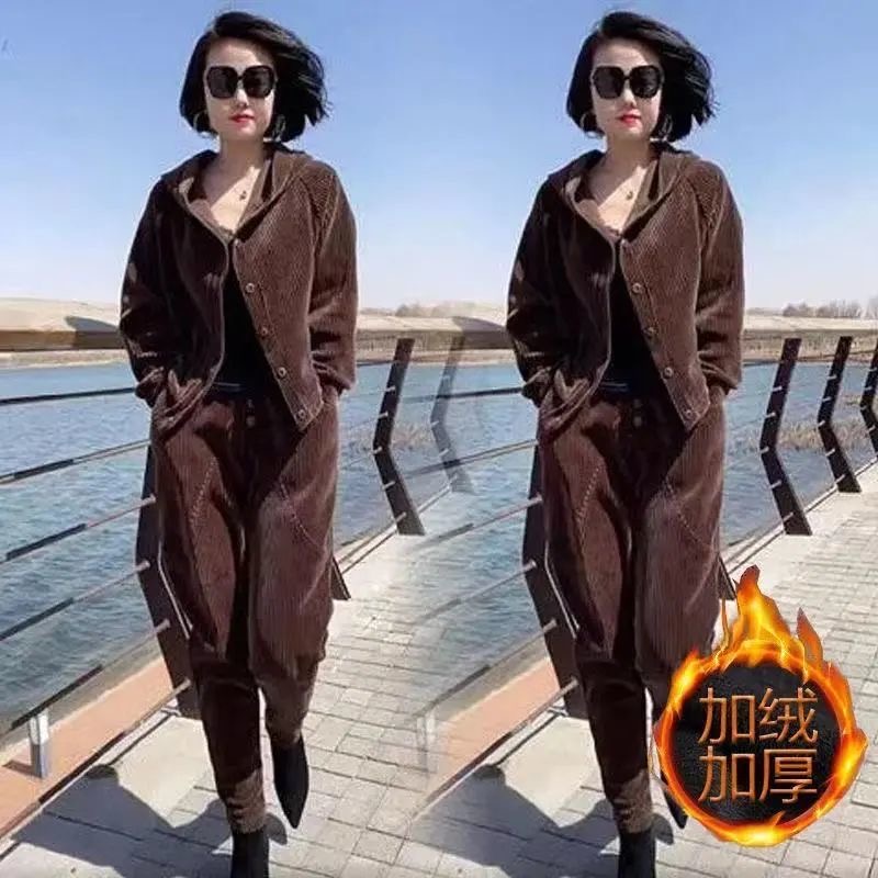 时尚两件套女春秋季2023新款加绒加厚宽松妈妈装休闲哈伦裤套装女