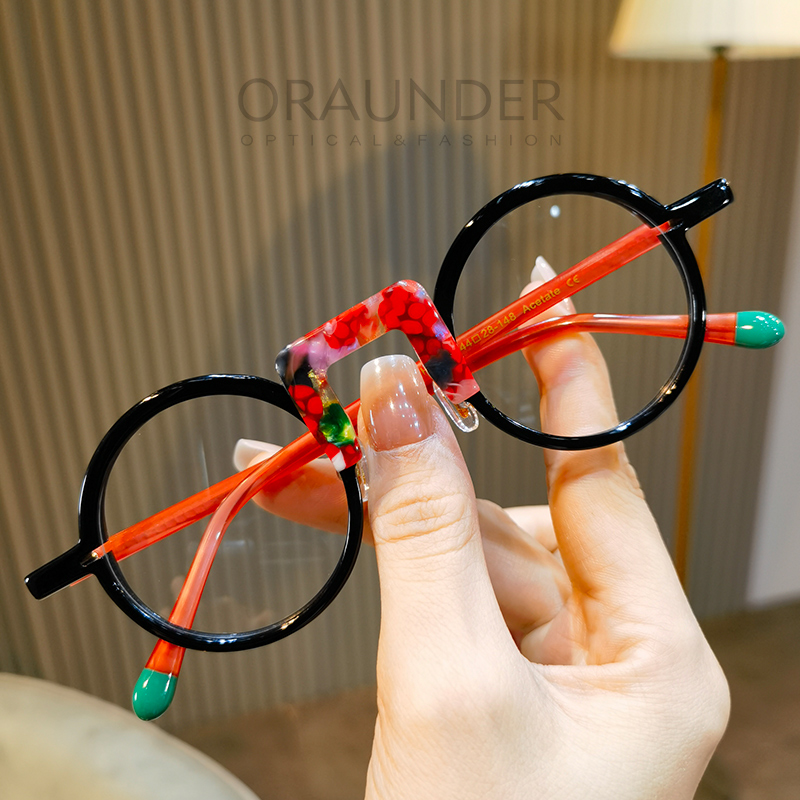 潮款多色拼料眼镜框圆形板材男女素颜瘦脸可配近视度数平光镜变色