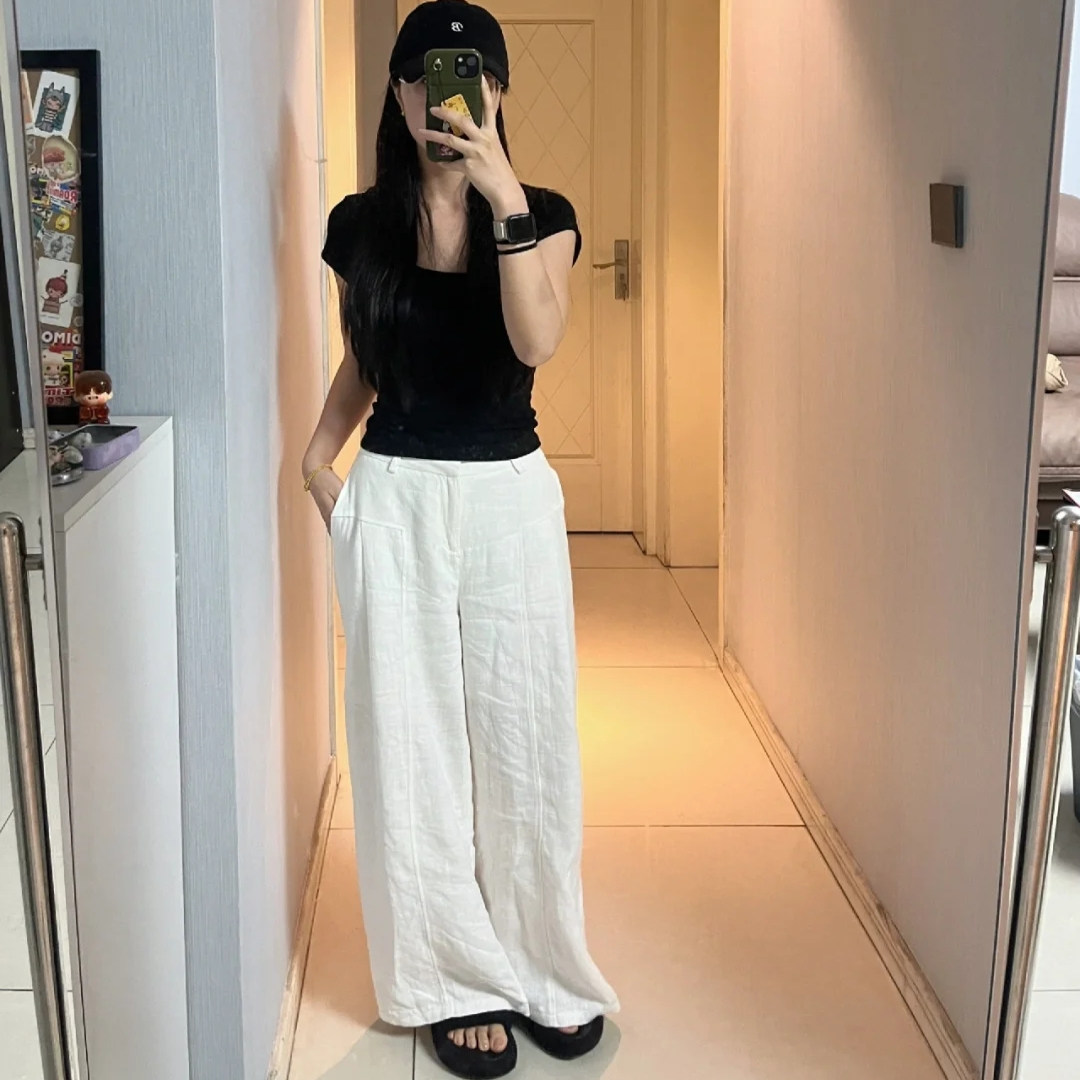 白色亚麻苎麻阔腿裤女夏季薄款高腰垂感老钱风西装直筒棉麻休闲裤,女装/女士精品,休闲裤,淘宝优惠券,粉丝福利购,淘宝优惠卷