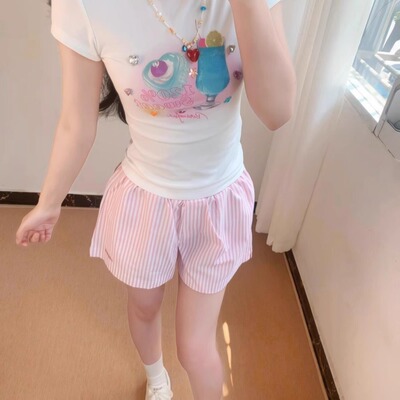 【Sadsoil~】粉色条纹刺绣短裤女夏宽松高腰A字阔腿休闲热裤