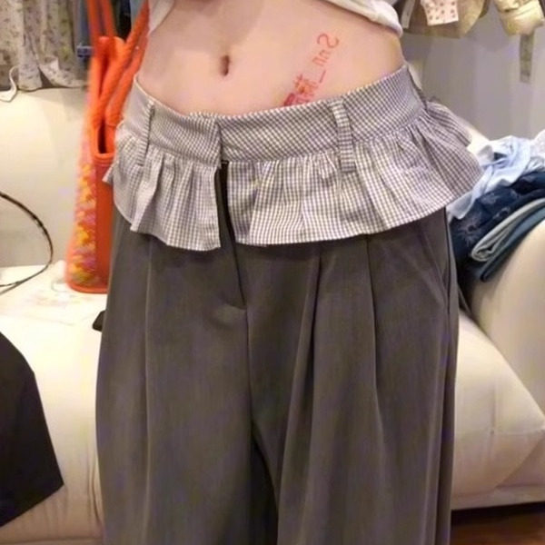 美式高街假两件拼接屁帘休闲阔腿裤女宽松设计感小众高腰直筒裤子
