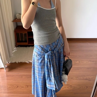 【Loala office~】新款美式复古格子半身裙女高腰显瘦不规则裙