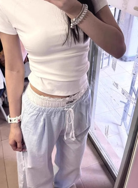 FORSCHE 欧若风假两件蕾丝拼接休闲裤女宽松直筒芭蕾风阔腿条纹裤