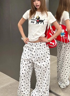 HEYABC 美式复古休闲裤女夏季小狗印花抽绳阔腿宽松垂坠感长裤子