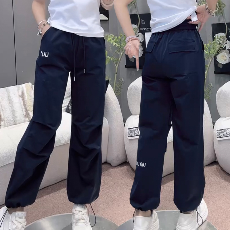 欧货夏季薄款冰丝速干运动裤女士高腰弹力显瘦直筒束脚抽绳休闲裤