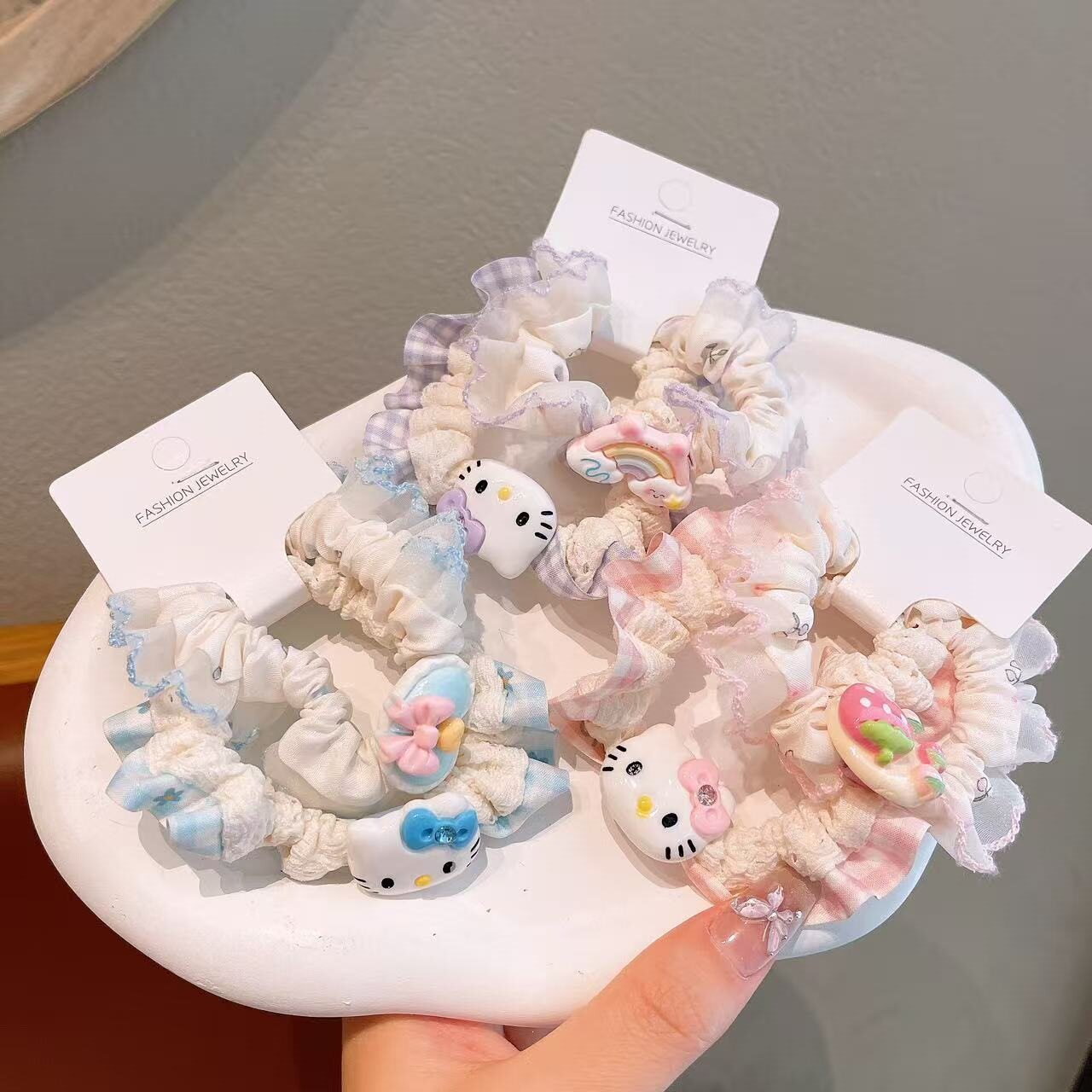 儿童发圈Kitty猫格纹花边少女甜美马尾小肠圈高颜值可爱女童发饰