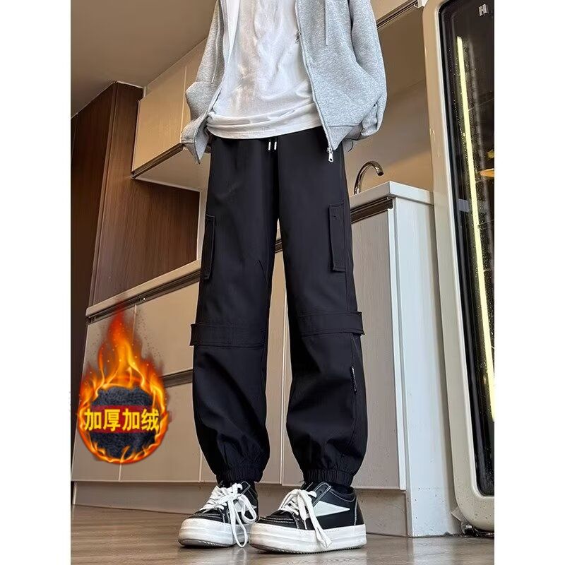 黑色魔术贴加绒防水冲锋裤男款秋冬季美式机能工装裤子束脚户外登