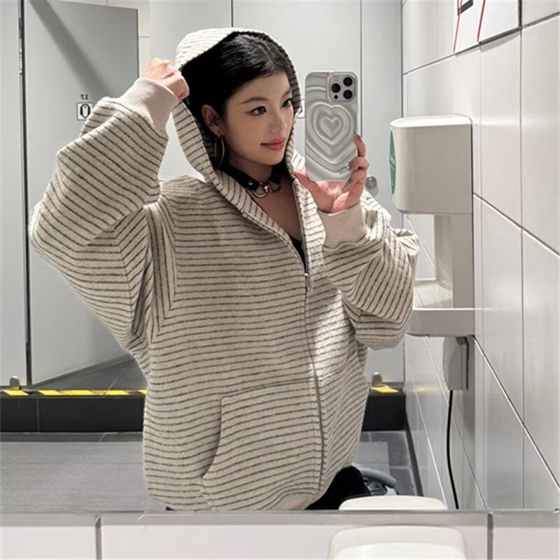 美式复古2025早秋新款条纹拉链开衫连帽卫衣男女情侣重磅外套