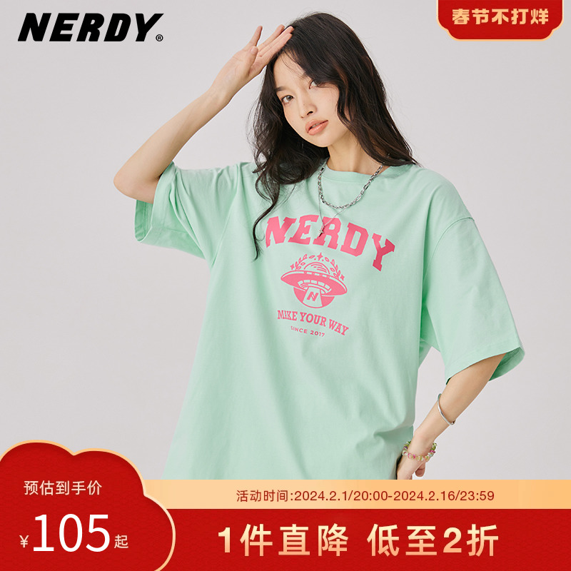 NERDY2023韩国潮牌夏季新款ins情侣校园印花短袖T恤宽松圆领女短t