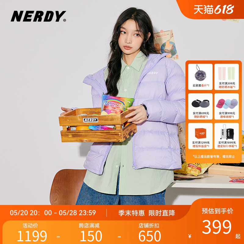 NERDY2023新款情侣宽松经典logo轻薄保暖连帽羽绒服女外套上衣潮