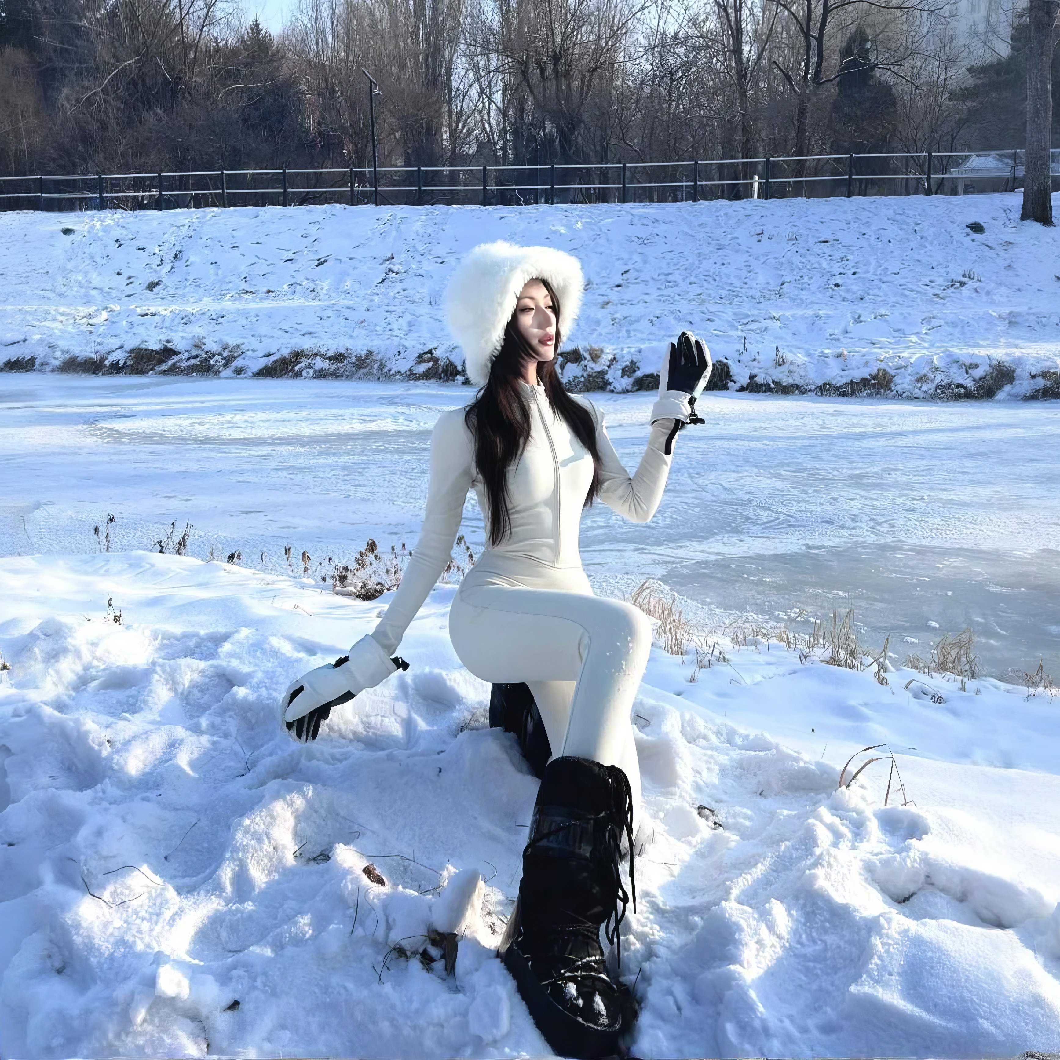 东北旅游禾木拍照穿搭连体衣雪地氛围女外穿加绒辣妹紧身衣瑜伽服