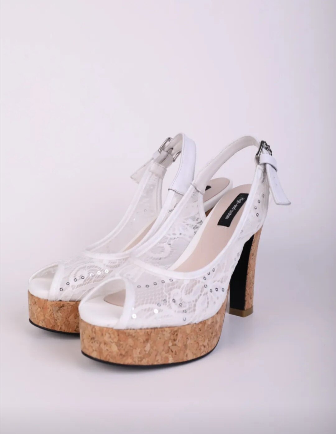 自带光芒白色蕾丝厚底防水台12厘米高跟露趾凉鞋高跟凉鞋高跟鞋